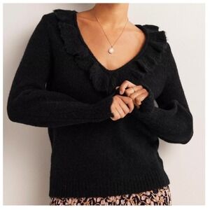 Boden Ruffle V-Neck Sweater US 8 Black Wool Alpaca Blend Fuzzy Romantic Coquette